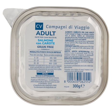 Adult Paté per Cani Ricco in Salmone con Carote Compagni di Viaggio