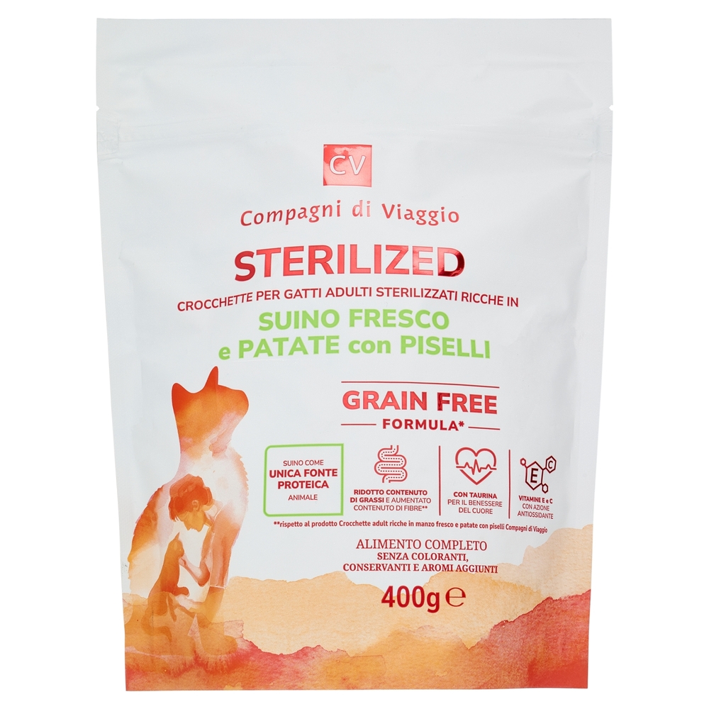 Sterilized Crocchette per Gatti Adulti Ricche Suino Fresco e Patate con Piselli Compagni di Viaggio