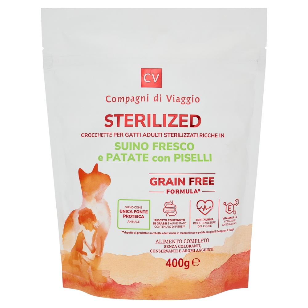 Sterilized Crocchette per Gatti Adulti Ricche Suino Fresco e Patate con Piselli Compagni di Viaggio