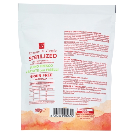 Sterilized Crocchette per Gatti Adulti Ricche Suino Fresco e Patate con Piselli Compagni di Viaggio