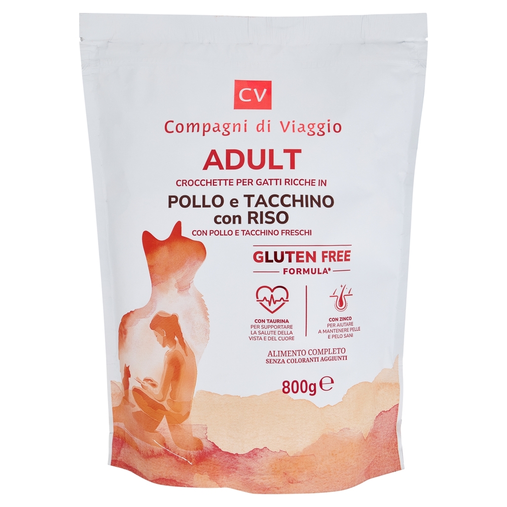 Adult Crocchette per Gatti Ricche in Pollo e Tacchino Freschi con Riso Compagni di Viaggio