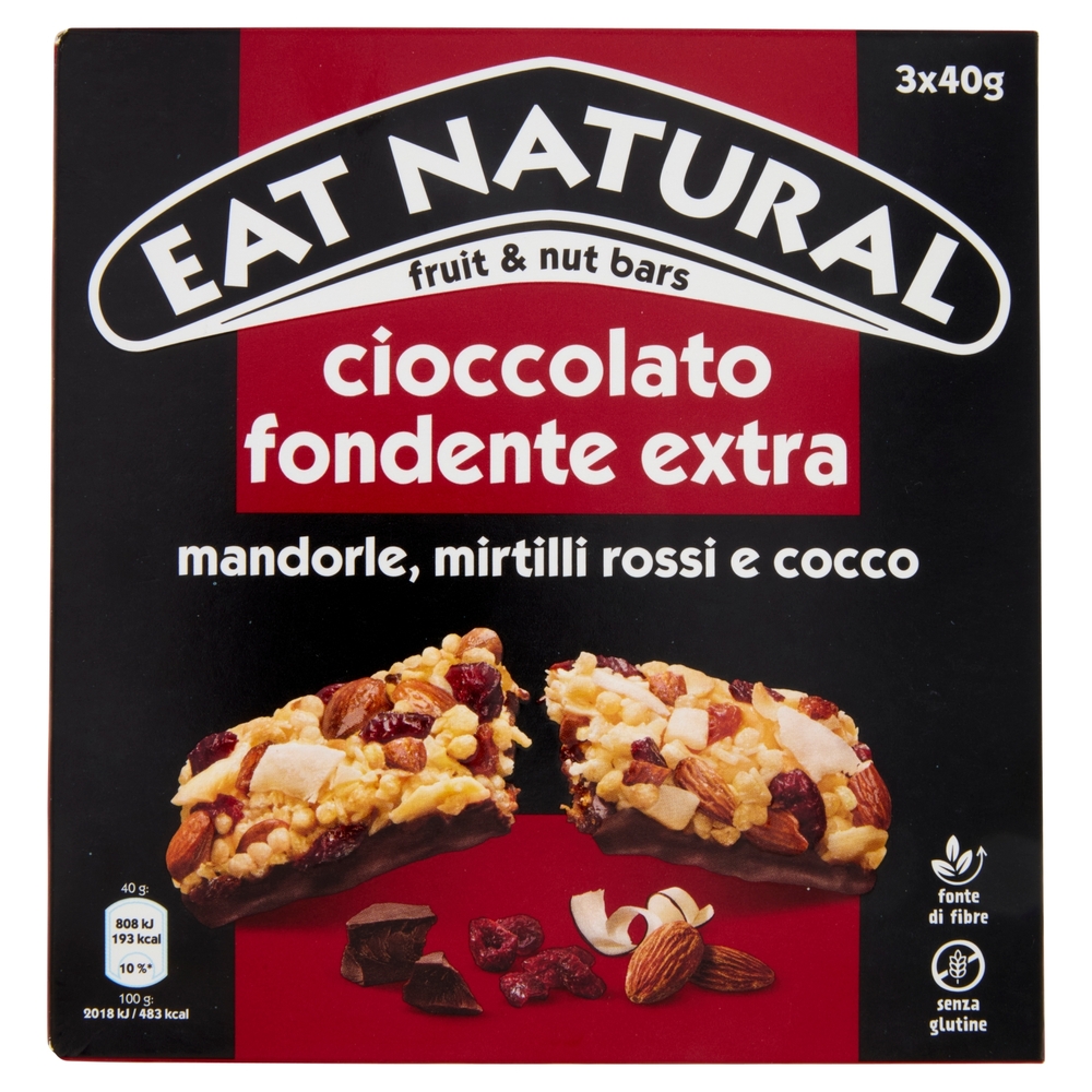 Eat Natural cioccolato fondente extra mandorle, mirtilli rossi e cocco 3 x 40 g