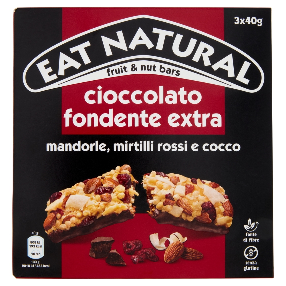 Eat Natural cioccolato fondente extra mandorle, mirtilli rossi e cocco 3 x 40 g