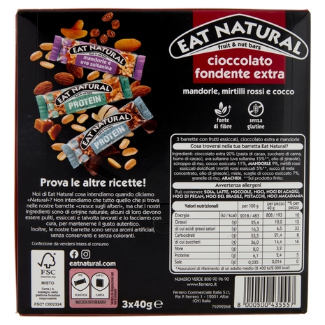 Eat Natural cioccolato fondente extra mandorle, mirtilli rossi e cocco 3 x 40 g