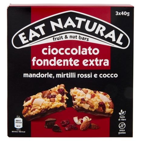 Eat Natural cioccolato fondente extra mandorle, mirtilli rossi e cocco 3 x 40 g
