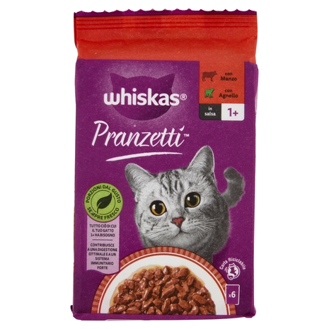 Whiskas Pranzetti Cibo Umido Gatto con Manzo e Agnello in Salsa 6 x 50 g