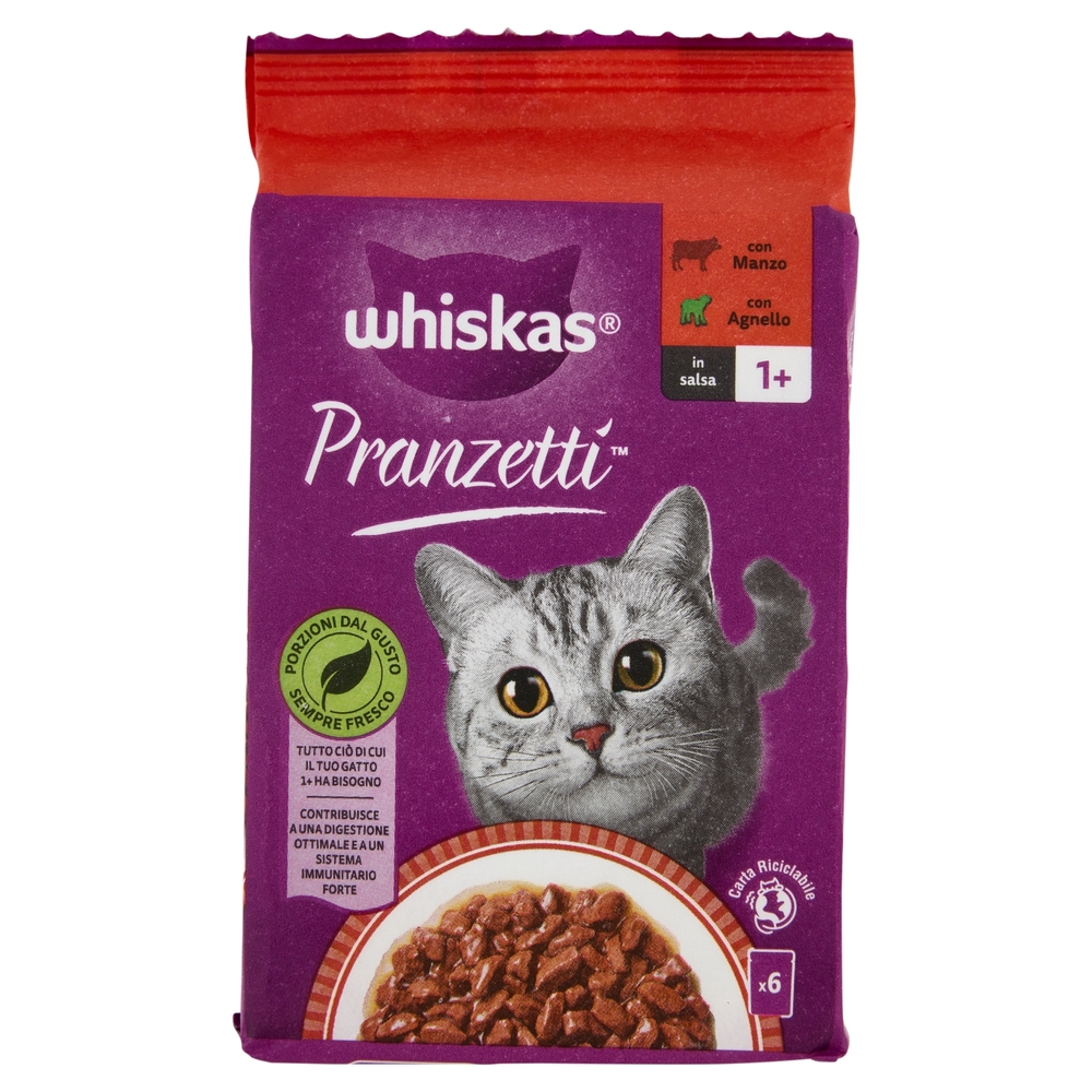 Whiskas Pranzetti Cibo Umido Gatto con Manzo e Agnello in Salsa 6 x 50 g