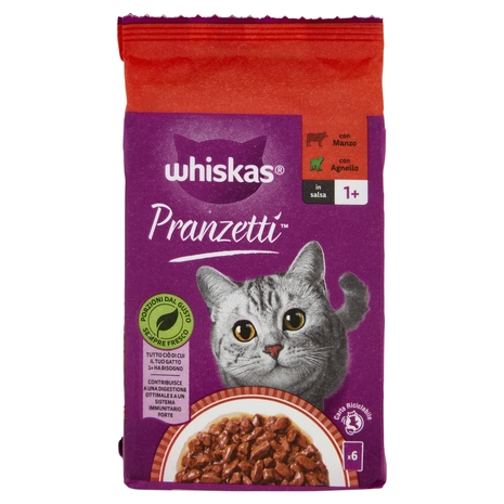 Whiskas Pranzetti Cibo Umido Gatto con Manzo e Agnello in Salsa 6 x 50 g
