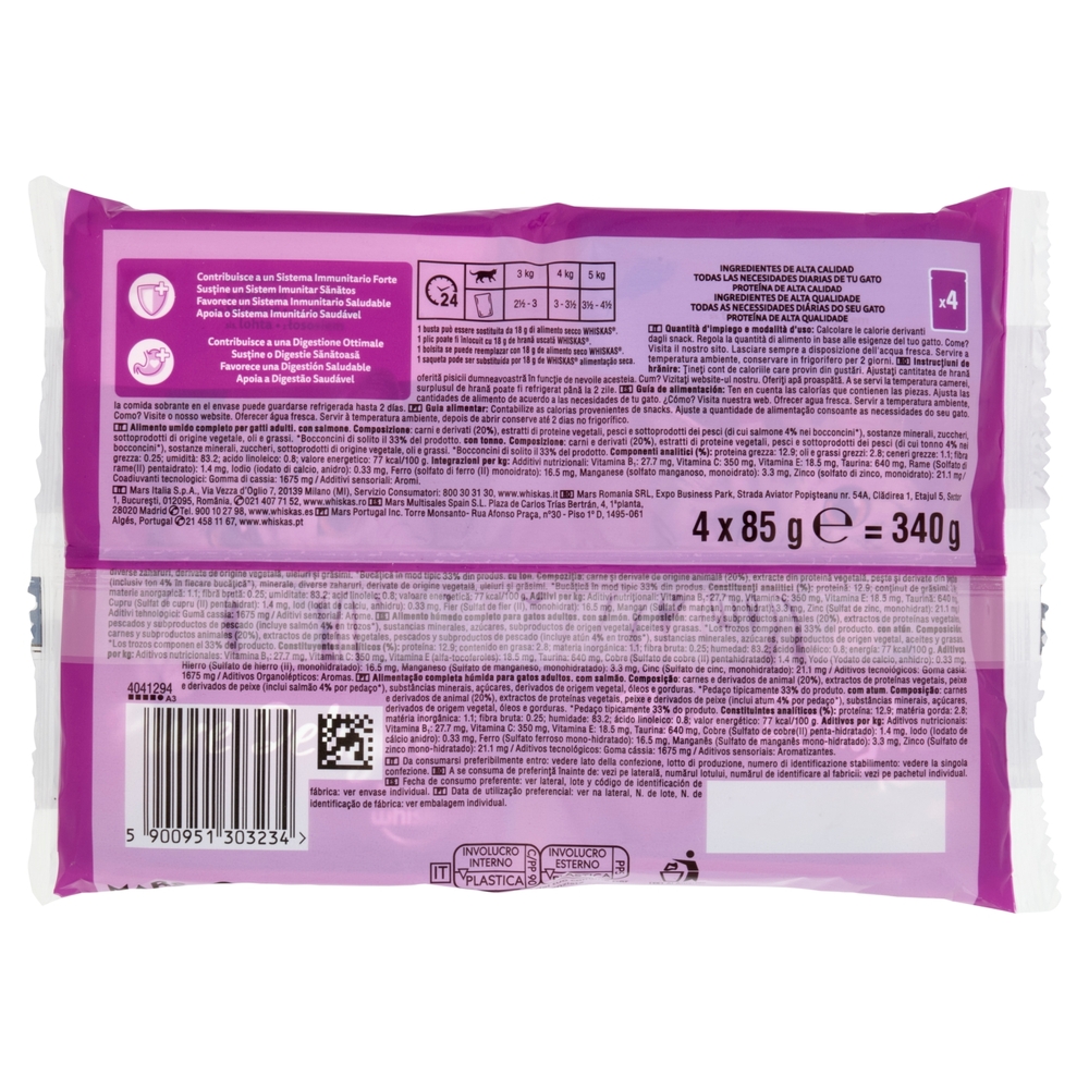 Whiskas Pure Delight Cibo Umido Gatto Bocconcini di Pesce in Gelatina con Salmone e Tonno 4 x 85 g