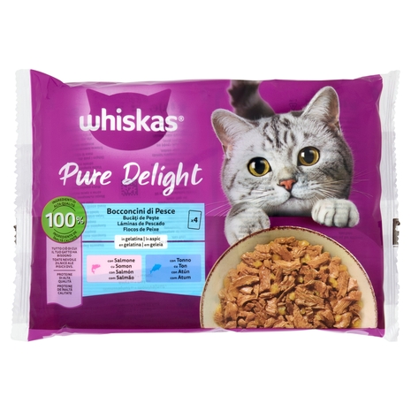 Whiskas Pure Delight Cibo Umido Gatto Bocconcini di Pesce in Gelatina con Salmone e Tonno 4 x 85 g