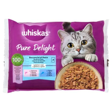 Whiskas Pure Delight Cibo Umido Gatto Bocconcini di Pesce in Gelatina con Salmone e Tonno 4 x 85 g