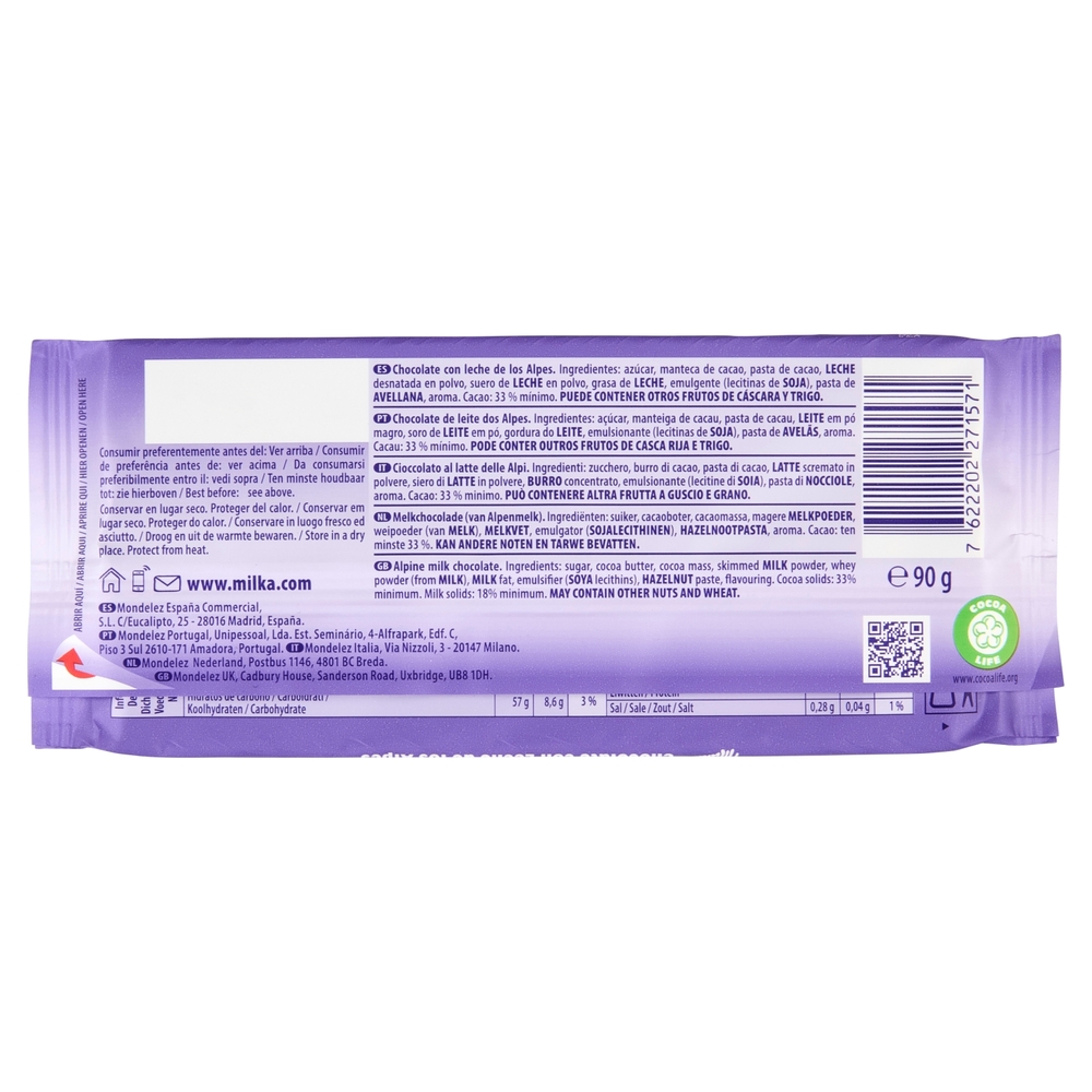Milka tavoletta di cioccolato al latte 100% Alpino - 90g