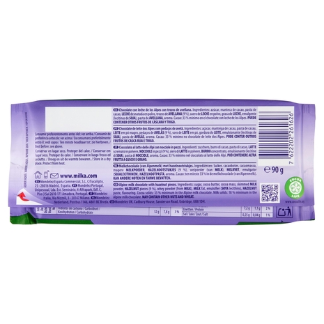 Milka Nocciole spezzate, tavoletta di cioccolato al latte 100% Alpino e nocciole spezzate - 90g