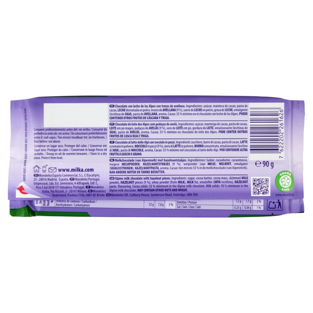 Milka Nocciole spezzate, tavoletta di cioccolato al latte 100% Alpino e nocciole spezzate - 90g