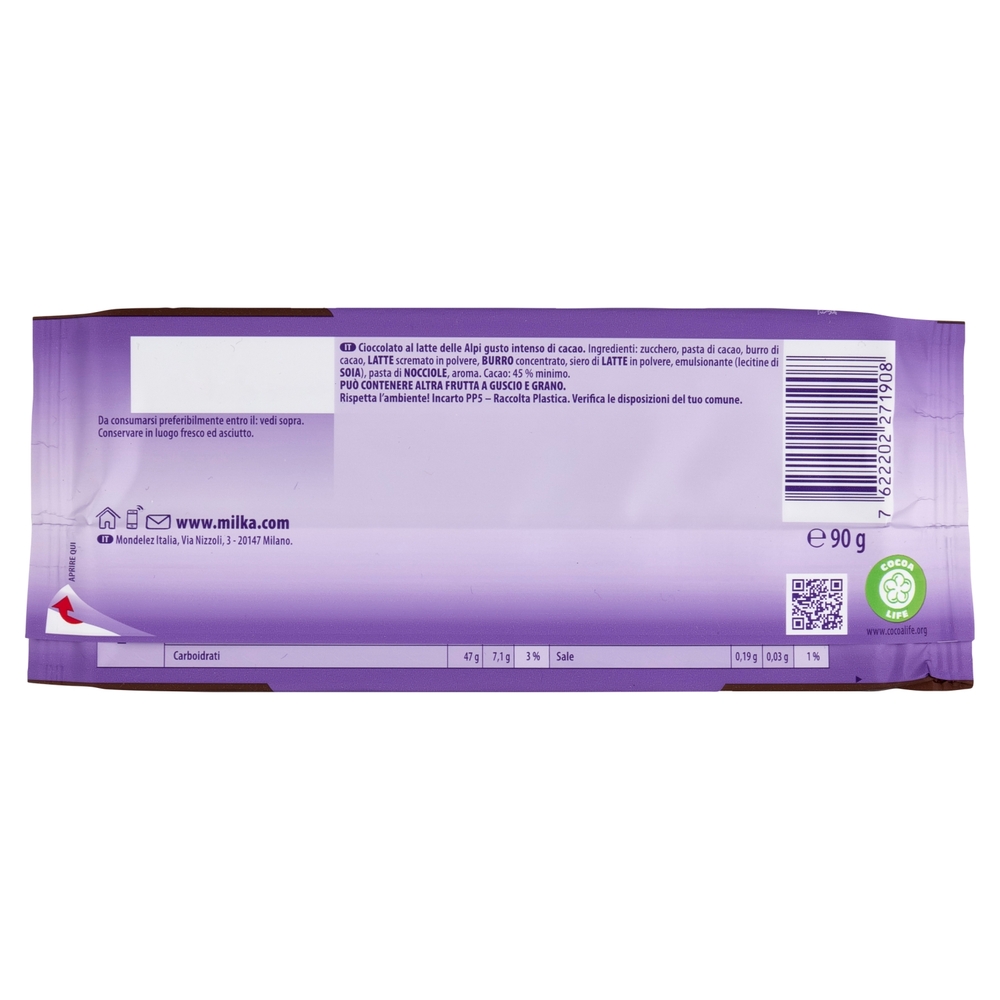Milka Gusto Intenso di Cacao, tavoletta di cioccolato al latte 100% Alpino - 90g