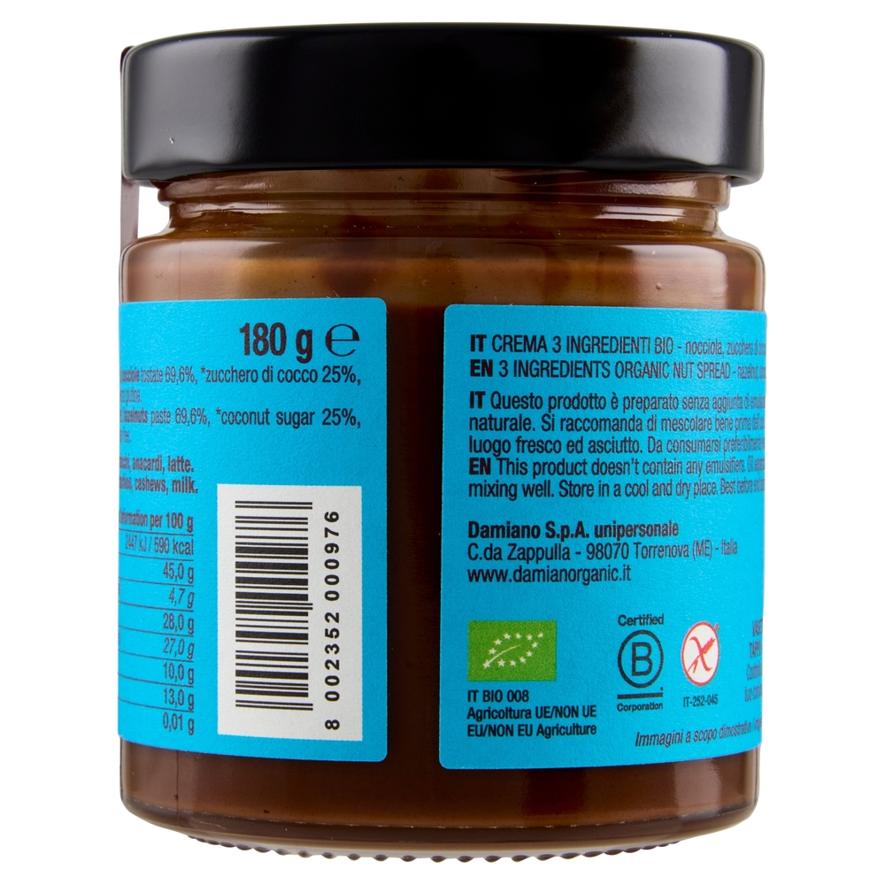 Damiano Bio Solo Tre. nocciola, zucchero di cocco, cacao 180 g