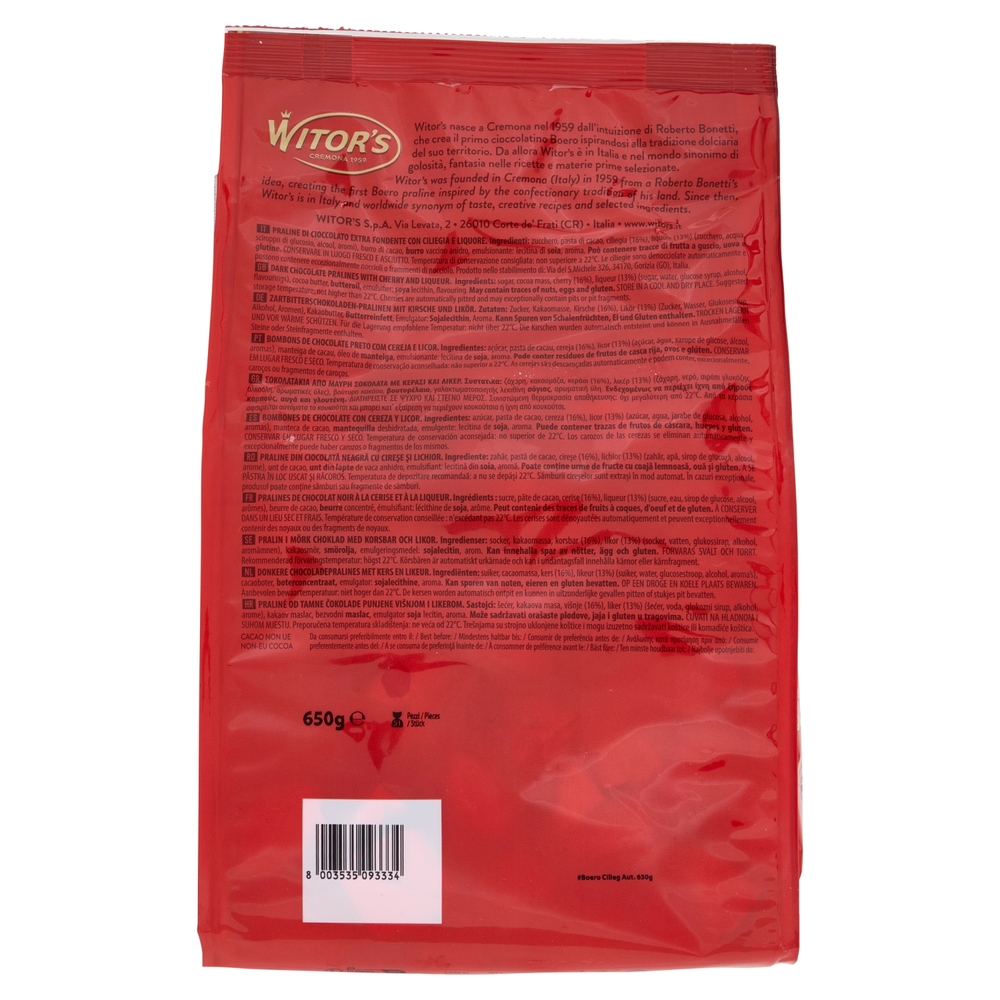 Witor's il Boero Originale Cioccolato Extra Fondente con Ciliegia e Liquore 650 g