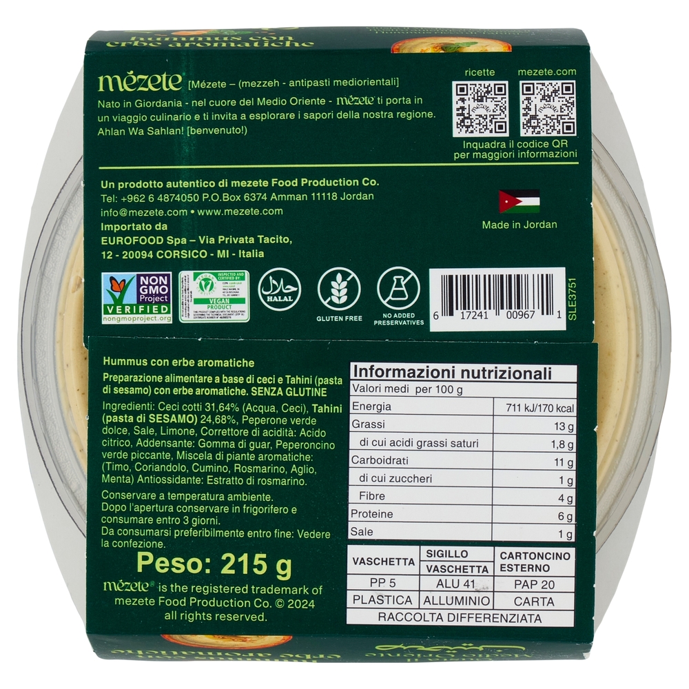 mézete hummus con erbe aromatiche 215 g
