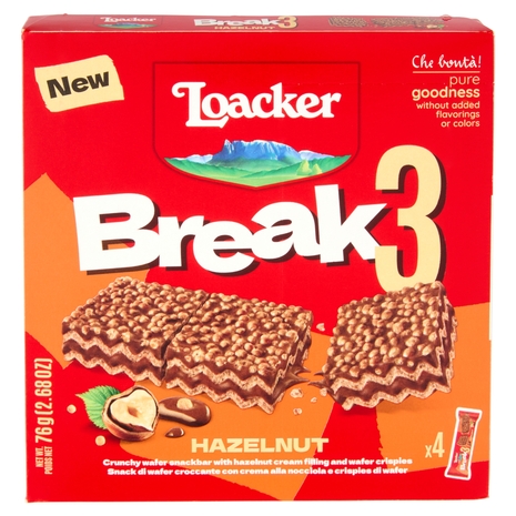 Loacker Break3 Barrette di Wafer con Crema alle Nocciole 100% Italiane 19gx4