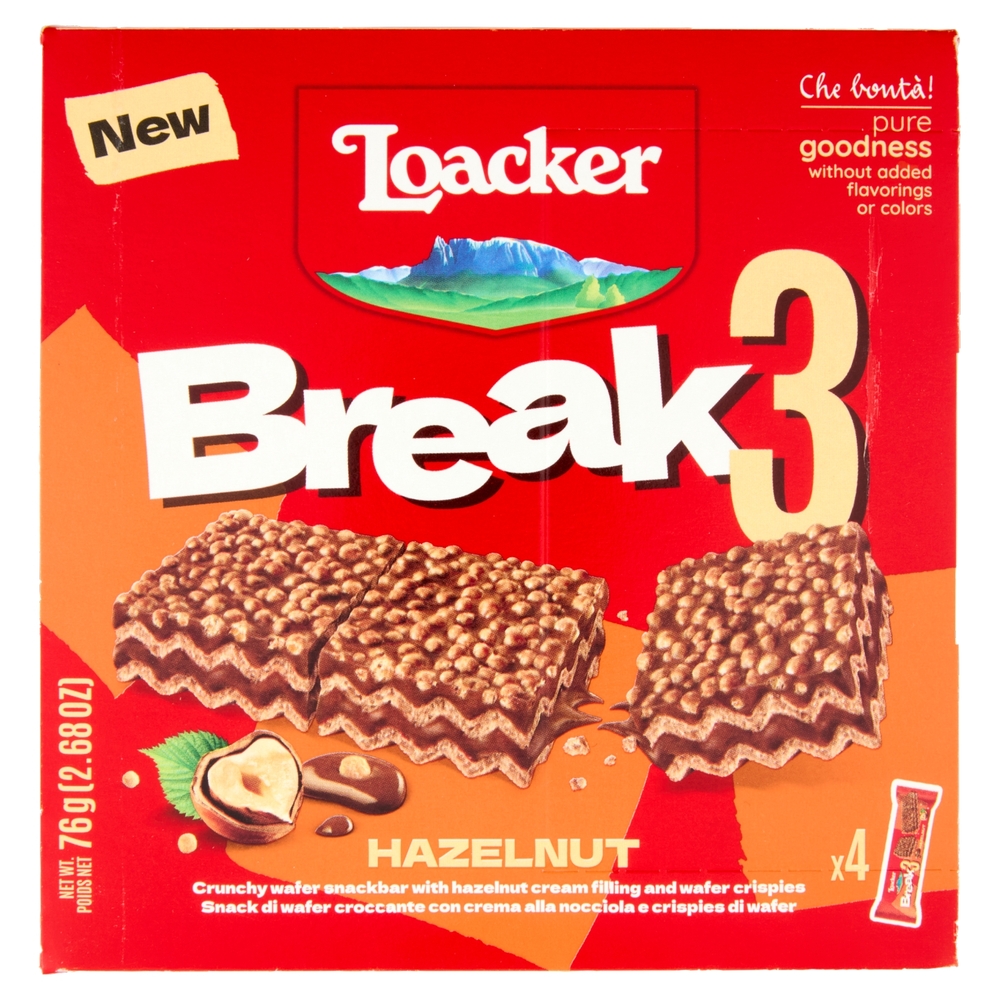 Loacker Break3 Barrette di Wafer con Crema alle Nocciole 100% Italiane 19gx4