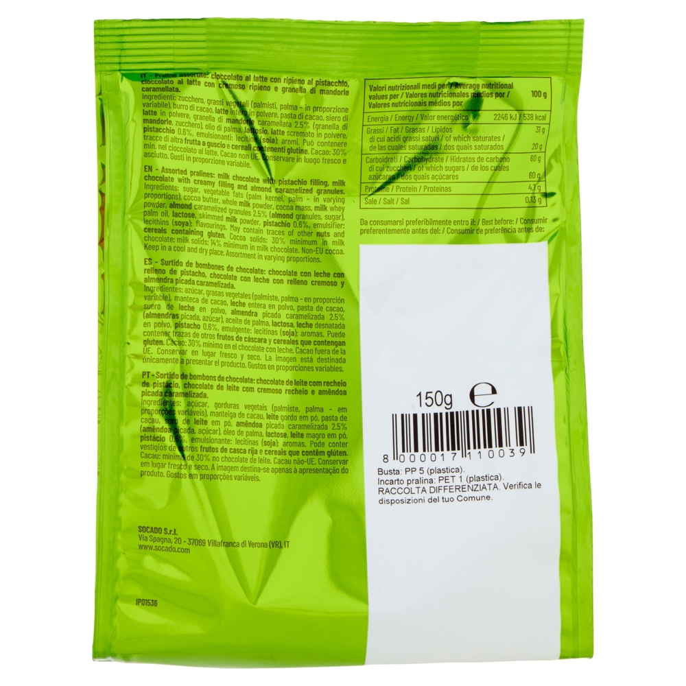 Socado Pistacchio & Mandorla Praline Assortite di Cioccolato al Latte 150 g