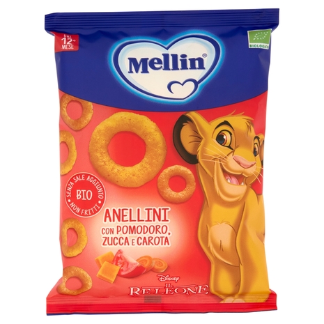 MELLIN Merenda Biologica Re Leone Simba, Anellini con Pomod, Zucca e Carota, adatto dai 12 mesi,15g