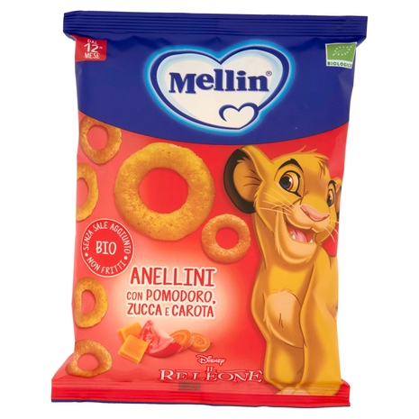 MELLIN Merenda Biologica Re Leone Simba, Anellini con Pomod, Zucca e Carota, adatto dai 12 mesi,15g