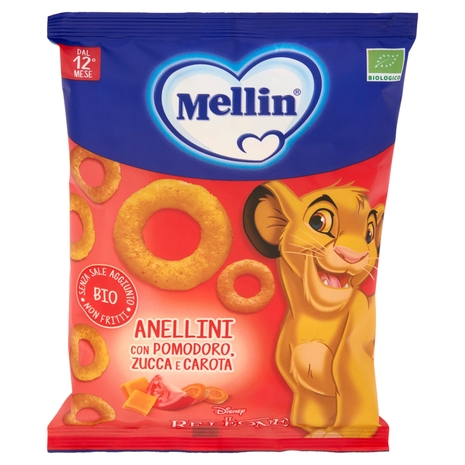 MELLIN Merenda Biologica Re Leone Simba, Anellini con Pomod, Zucca e Carota, adatto dai 12 mesi,15g