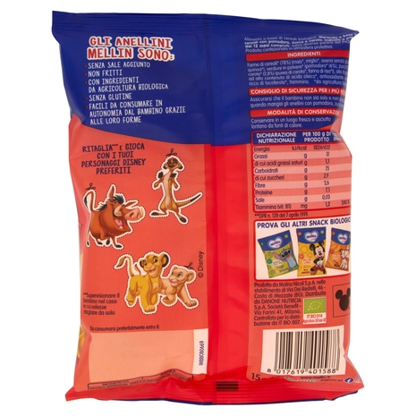 MELLIN Merenda Biologica Re Leone Simba, Anellini con Pomod, Zucca e Carota, adatto dai 12 mesi,15g