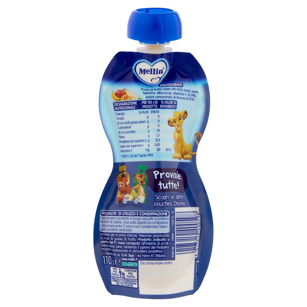 MELLIN Merenda Re Leone Simba, Frutta Mista, 100% frutta con Vit C, 110g