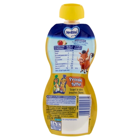 MELLIN Merenda Re Leone Pumbaa, Mela, 100% frutta con Vit C, 110g