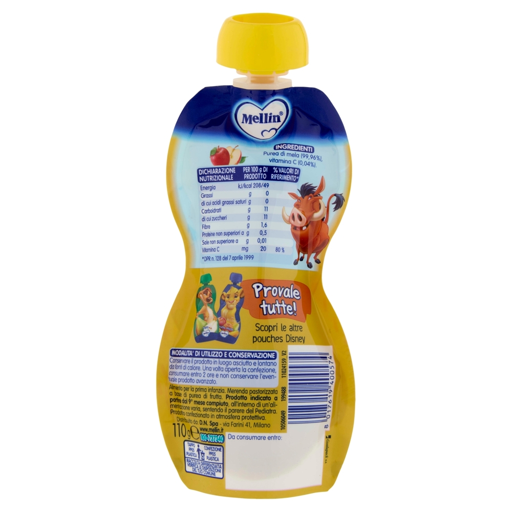 MELLIN Merenda Re Leone Pumbaa, Mela, 100% frutta con Vit C, 110g