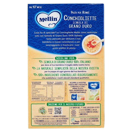 Mellin Pasta per Bimbi Conchigliette Semola di Grano Duro 280 g