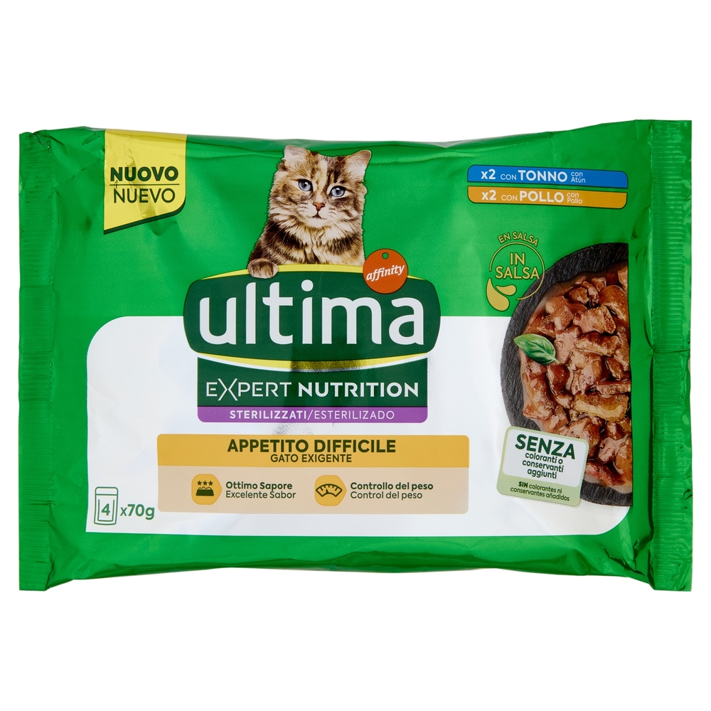 ultima Expert Nutrition Cat Sterilizzati Appetito Difficile con Tonno, con Pollo in Salsa 4 x 70 g