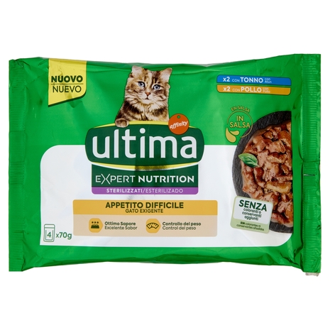 ultima Expert Nutrition Cat Sterilizzati Appetito Difficile con Tonno, con Pollo in Salsa 4 x 70 g