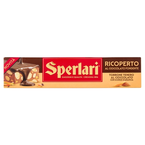 Sperlari Ricoperto al Cioccolato Fondente Torrone Tenero al Cioccolato con Scorze d'Arancia 200 g