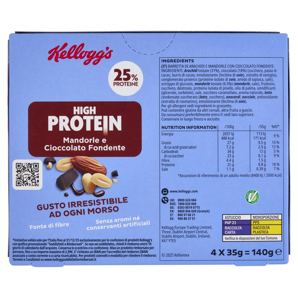 Kellogg's High Protein 25% Mandorle e Cioccolato Fondente 4 x 35 g