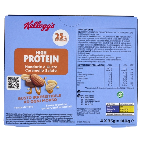 Kellogg's High Protein 25% Mandorle e Gusto Caramello Salato 4 x 35 g