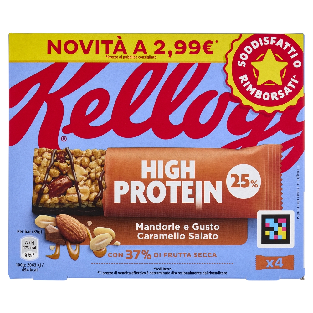 Kellogg's High Protein 25% Mandorle e Gusto Caramello Salato 4 x 35 g