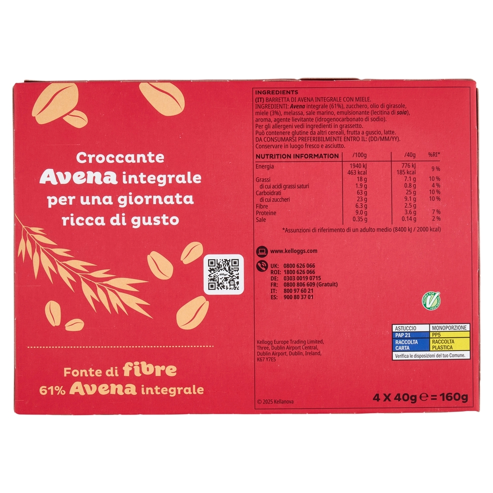 Kellogg's Oaties Miele e Avena 4 x 40 g