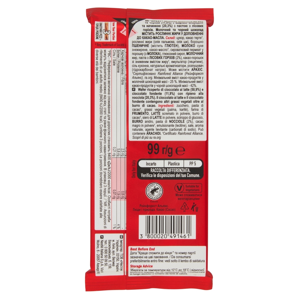 KITKAT Nocciola Tavoletta Wafer ricoperta di Cioccolato 99g