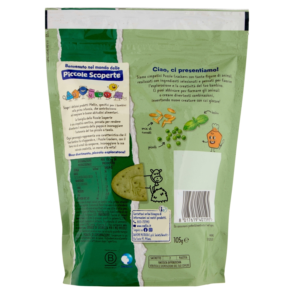 MELLIN Puzzle Crackers, Piselli e Basilico, Senza Sale e Zuccheri, adatto dai 15 mesi, 105g