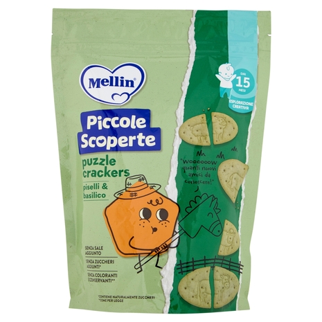 MELLIN Puzzle Crackers, Piselli e Basilico, Senza Sale e Zuccheri, adatto dai 15 mesi, 105g
