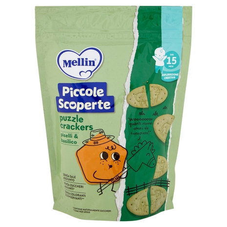 MELLIN Puzzle Crackers, Piselli e Basilico, Senza Sale e Zuccheri, adatto dai 15 mesi, 105g