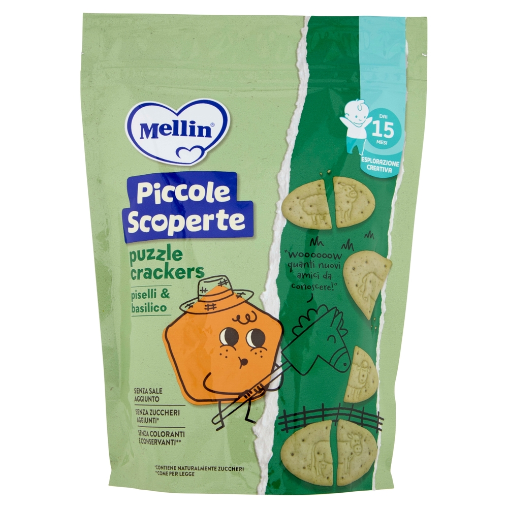 MELLIN Puzzle Crackers, Piselli e Basilico, Senza Sale e Zuccheri, adatto dai 15 mesi, 105g