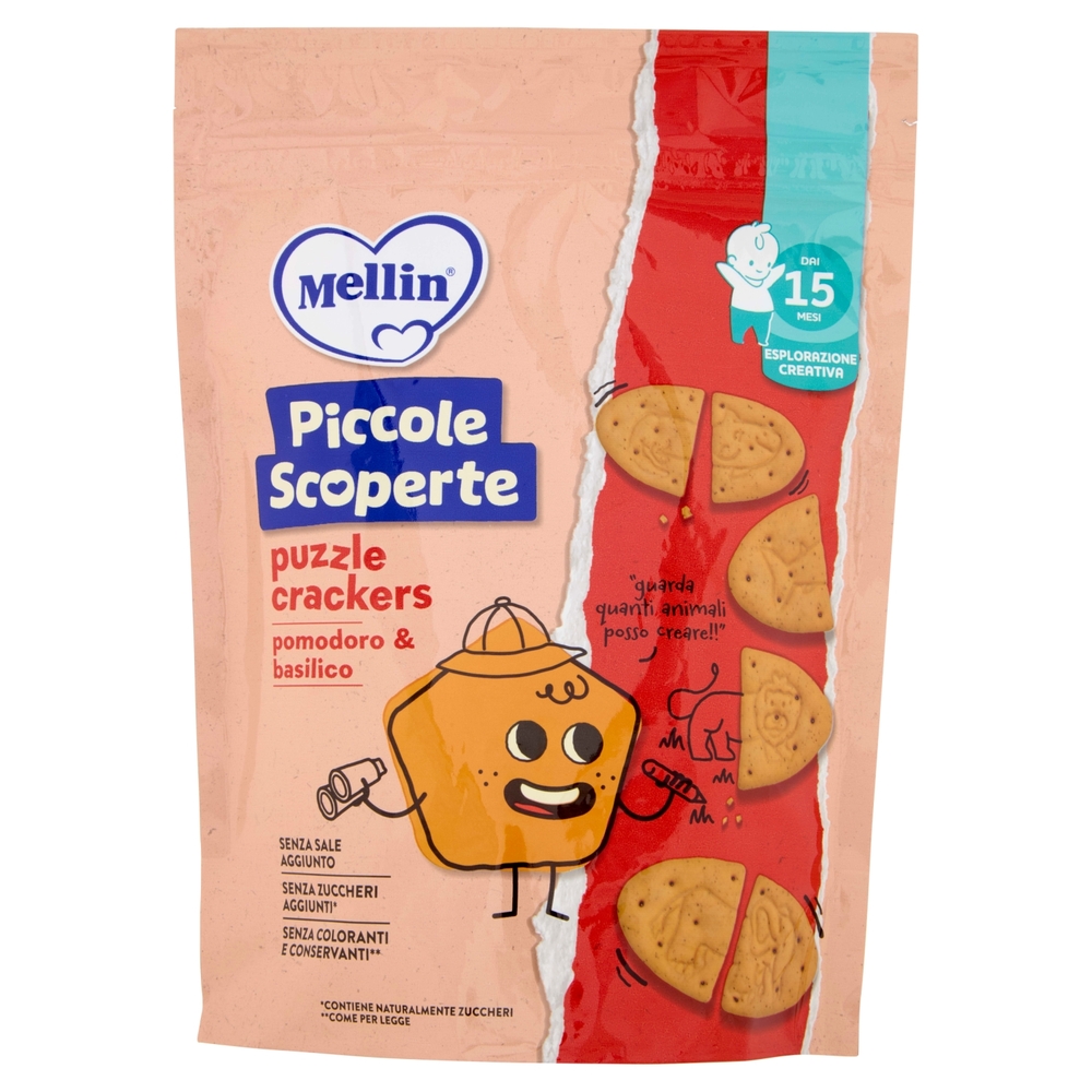 MELLIN Puzzle Crackers, Pomodoro e Basilico, Senza Sale e Zuccheri, adatto dai 15 mesi, 105g