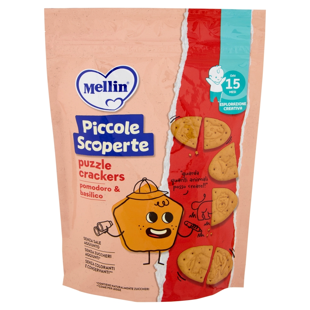 MELLIN Puzzle Crackers, Pomodoro e Basilico, Senza Sale e Zuccheri, adatto dai 15 mesi, 105g