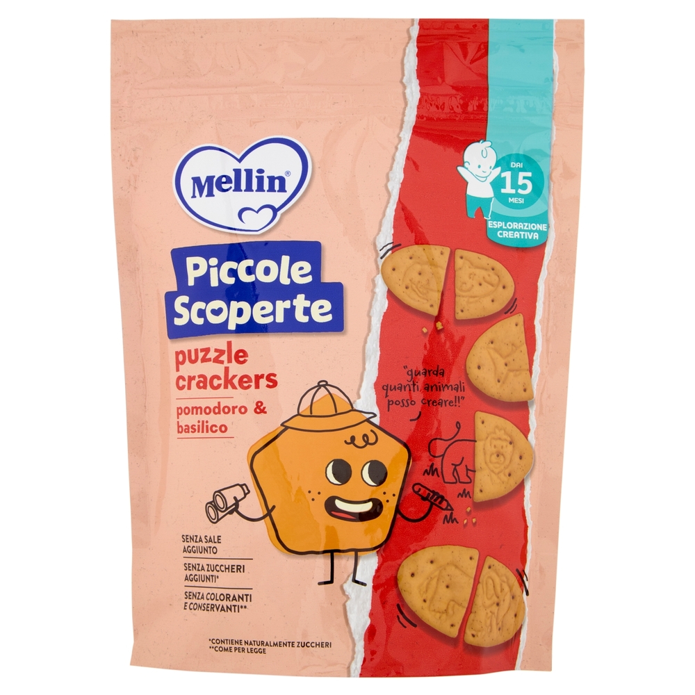MELLIN Puzzle Crackers, Pomodoro e Basilico, Senza Sale e Zuccheri, adatto dai 15 mesi, 105g