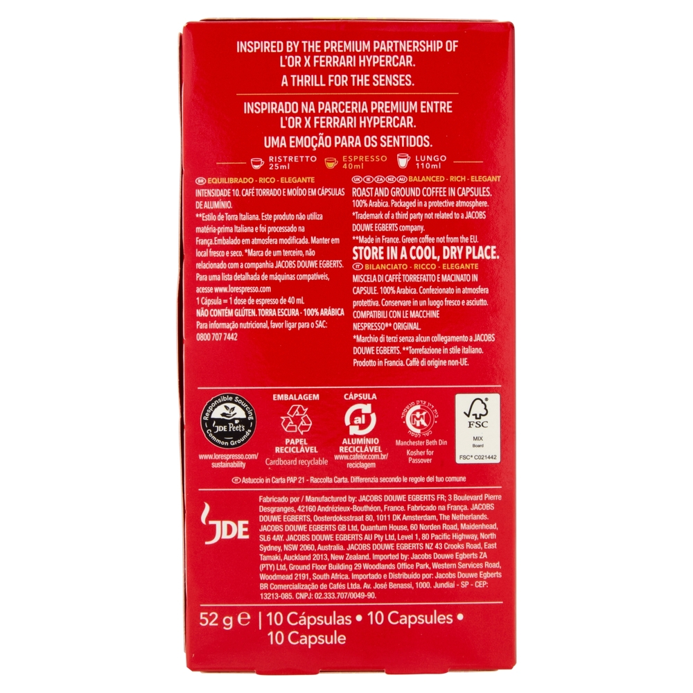 L'OR Passione Rossa Maranello 10- 10 Capsule Caffè Compatibili con Macchine Nespresso*® Original 52g