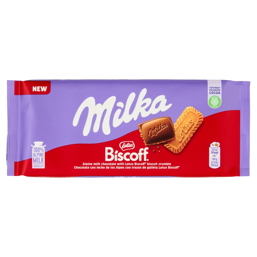 Milka Lotus Biscoff, tavoletta di cioccolato al latte 100% Alpino - 90g